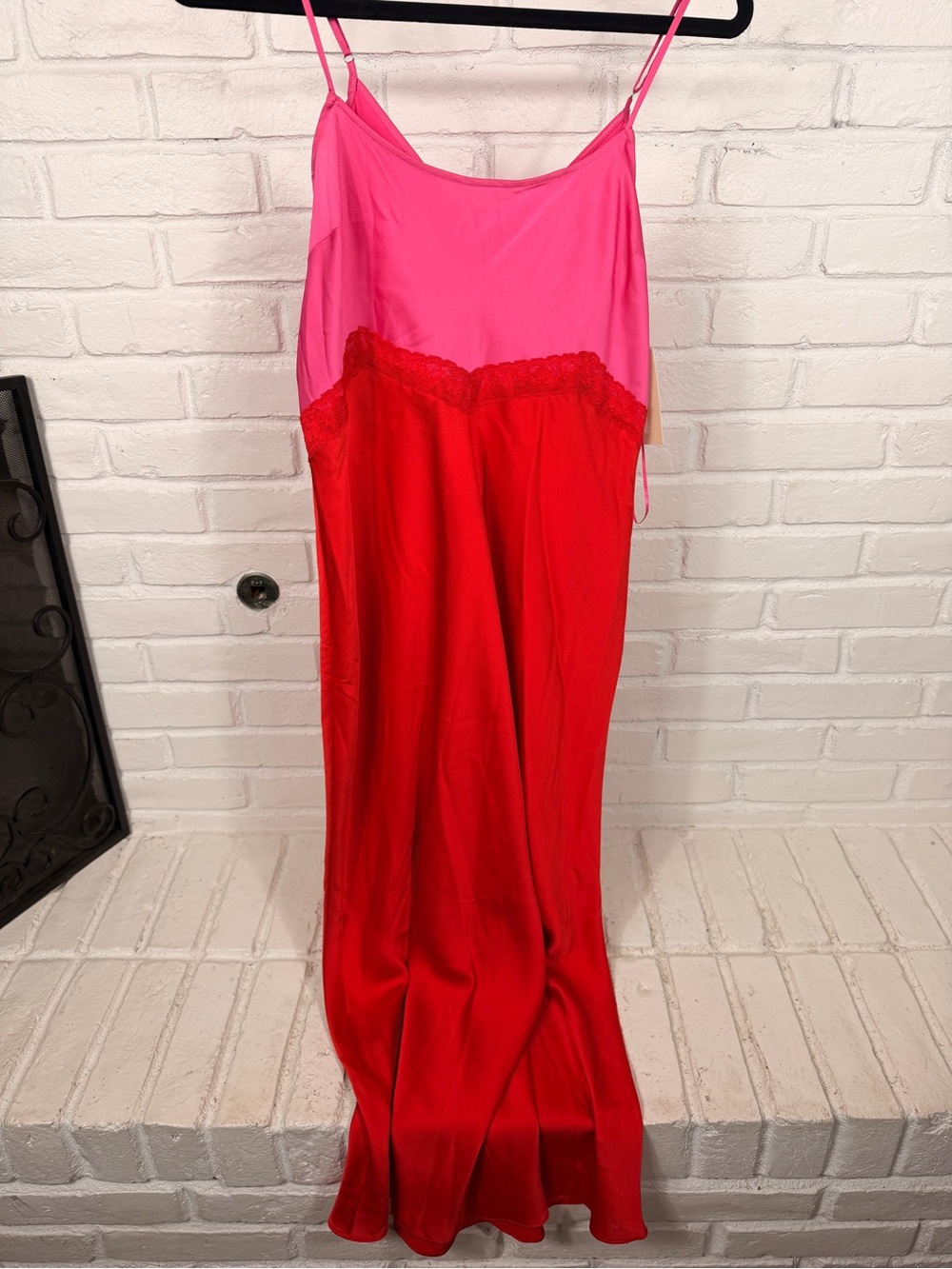 Gianni Bini Colorblock Satin Slip Dress Pink‎ Red Lace Trim Maxi Dress 8 NWT